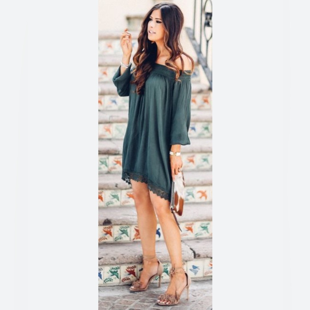 Tularosa Green Oversized Lightweight Boho Off-Shoulder Flowy Dress